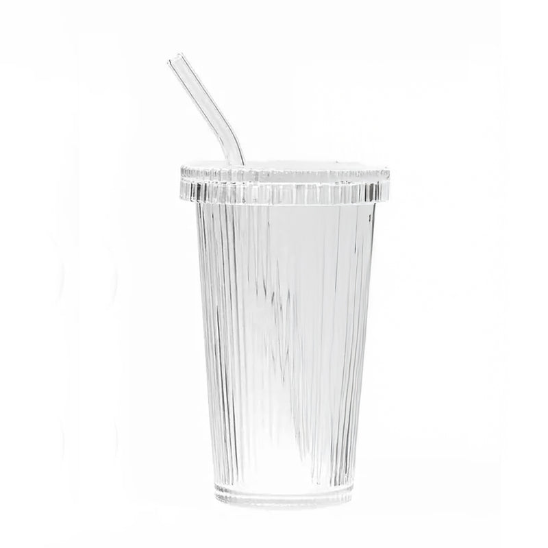 Ribbed Glass Tumbler with Lid & Glass Straw | 320ml Fluted Iced Coffee Cup