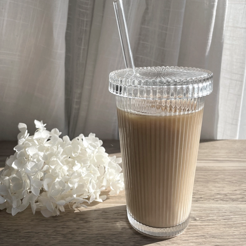 Ribbed Glass Tumbler with Straw