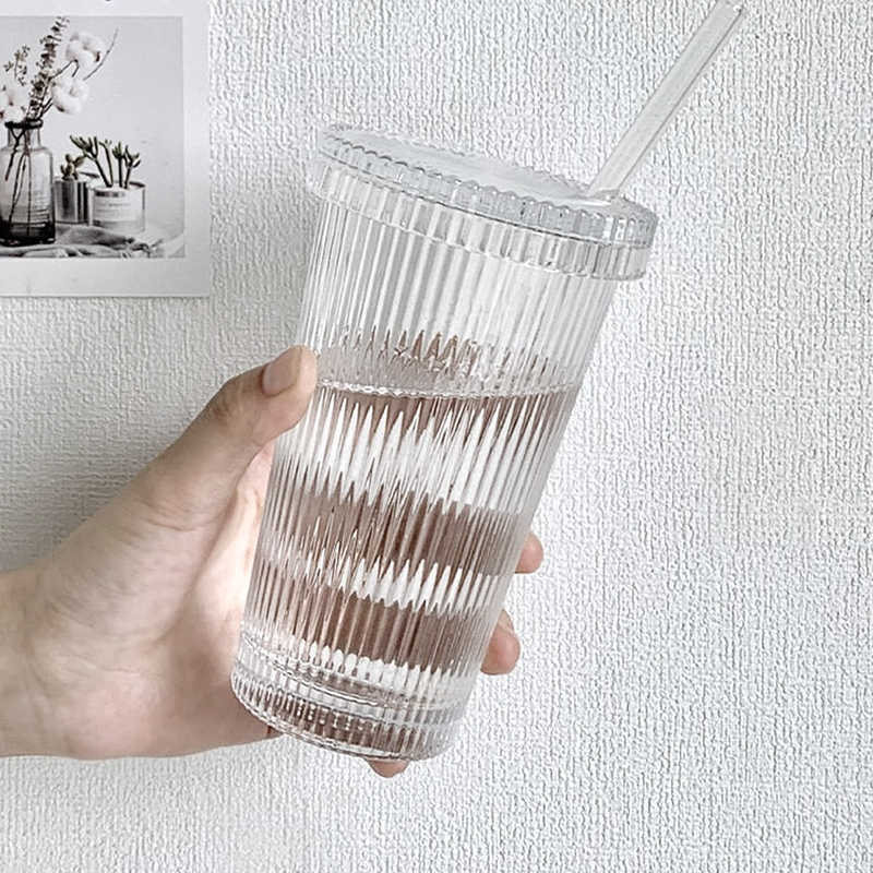 Ribbed Glass Tumbler with Straw