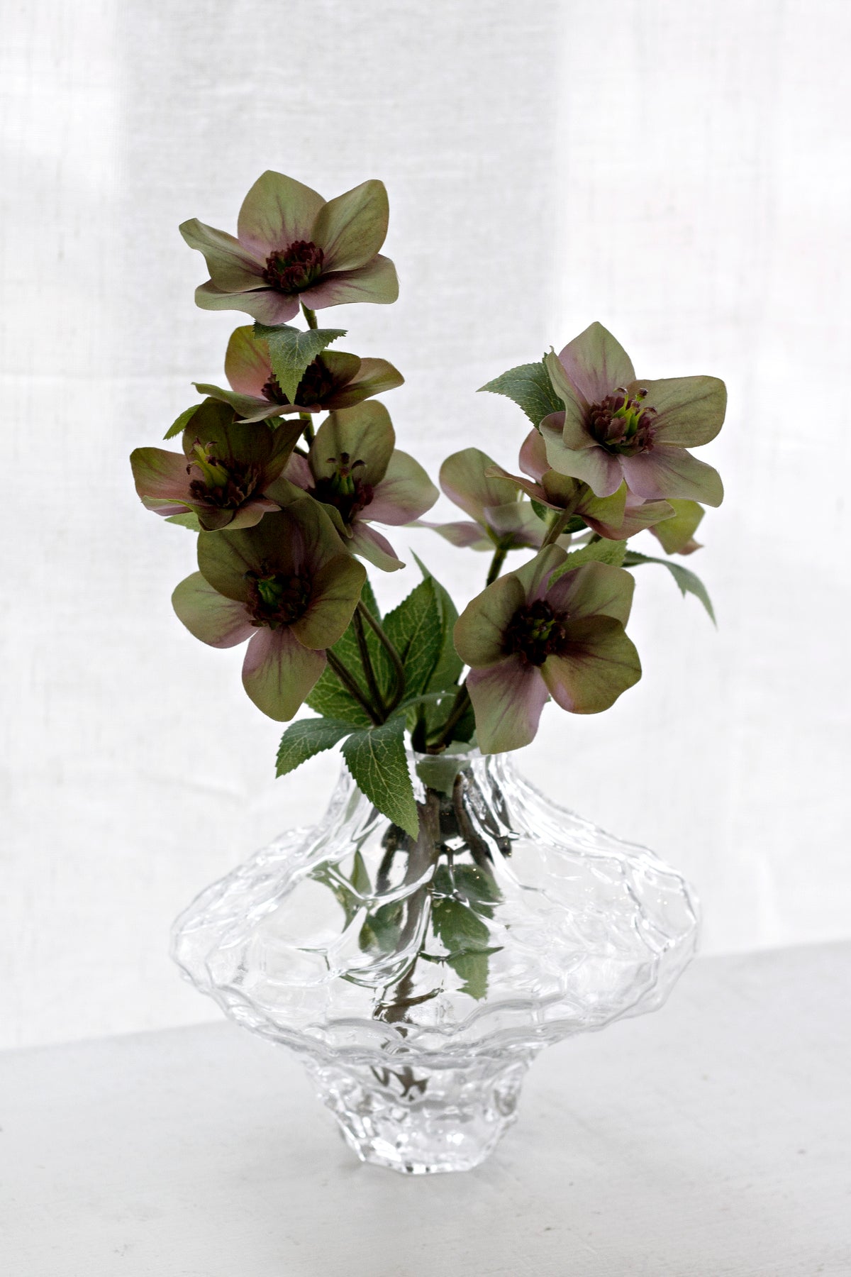 Clear rippled crystal glass vase with sculptural wide rim, styled with green and mauve hellebore stems on a light surface