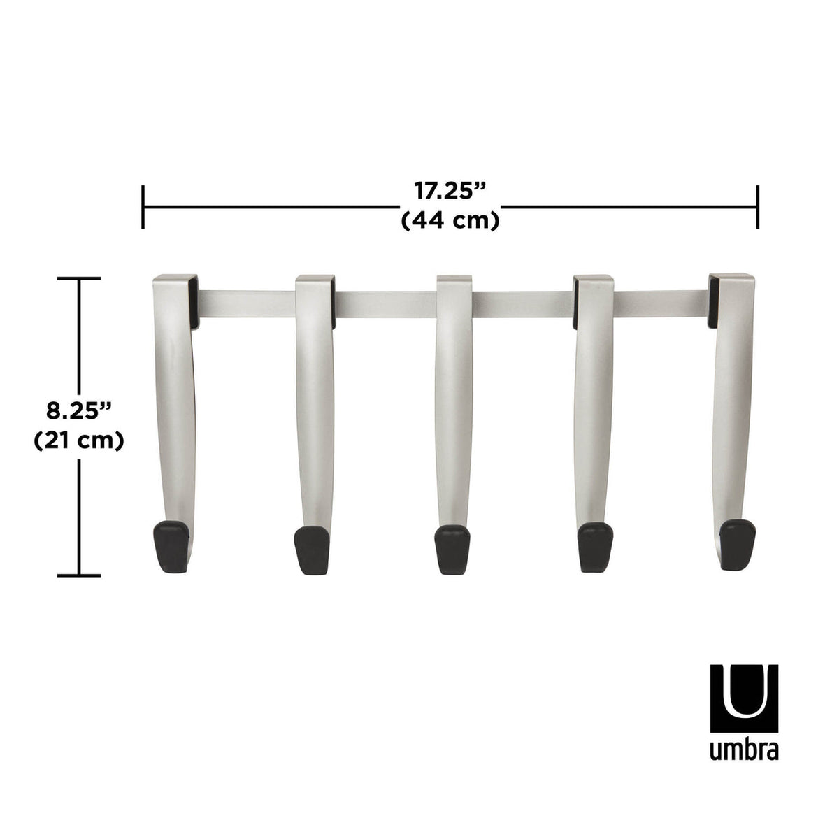 Umbra Schnook five hook rail dimension diagram, 44cm wide by 21cm high