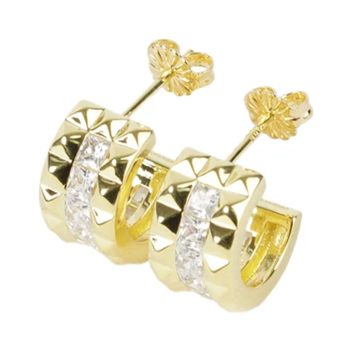 Side view of the Gold / Clear Rock Me Hoops showing the curved huggie shape