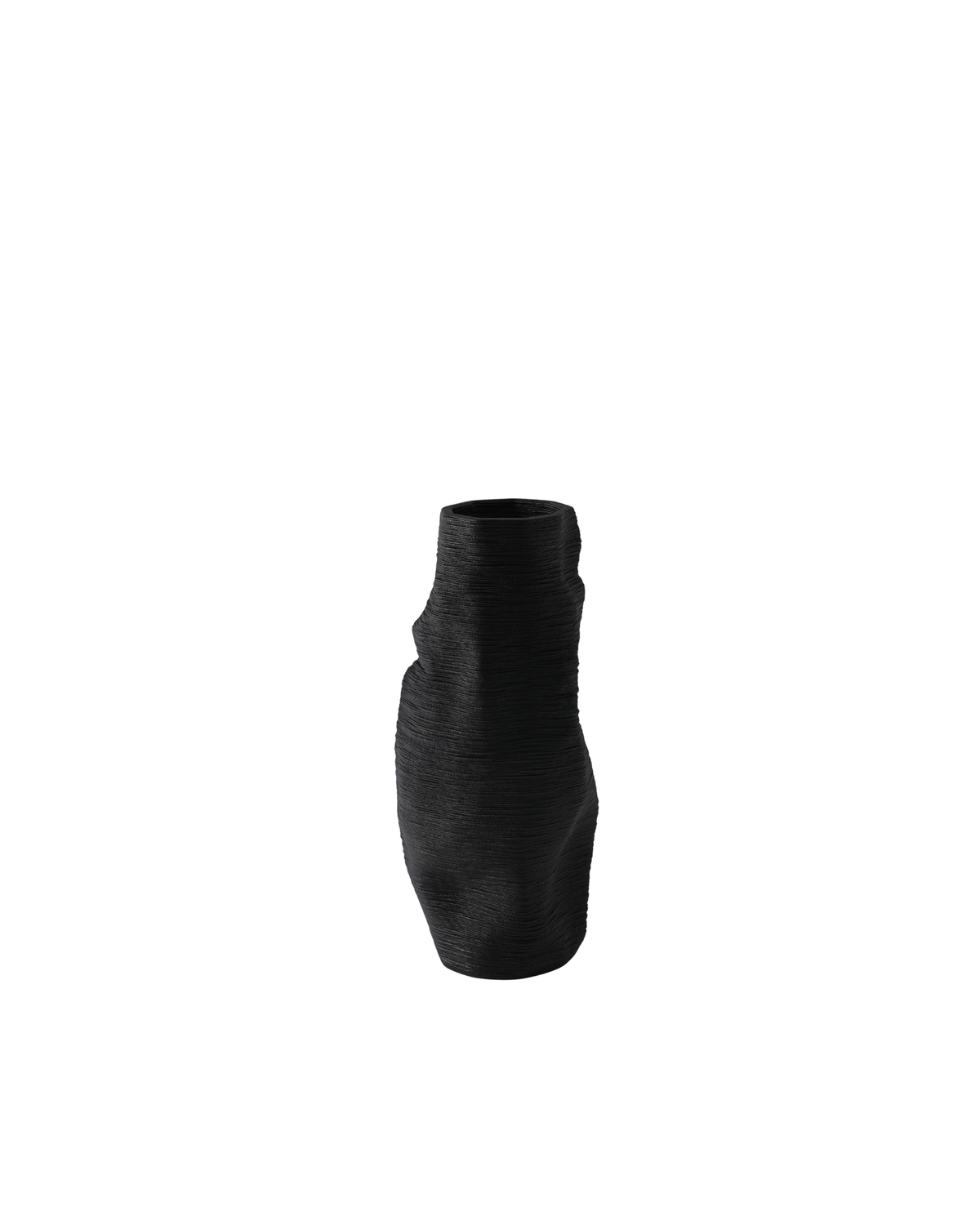 Rocky Vase by Ned Collections, black 3D printed porcelain vase with ridged layers and irregular form, on white