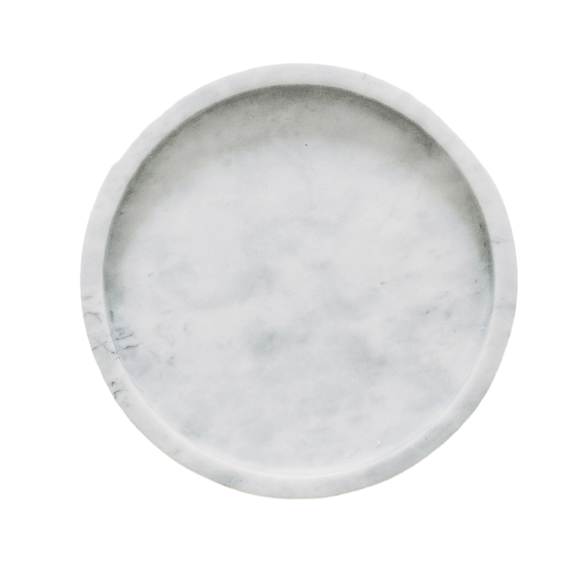 White marble round tray, angled view on white