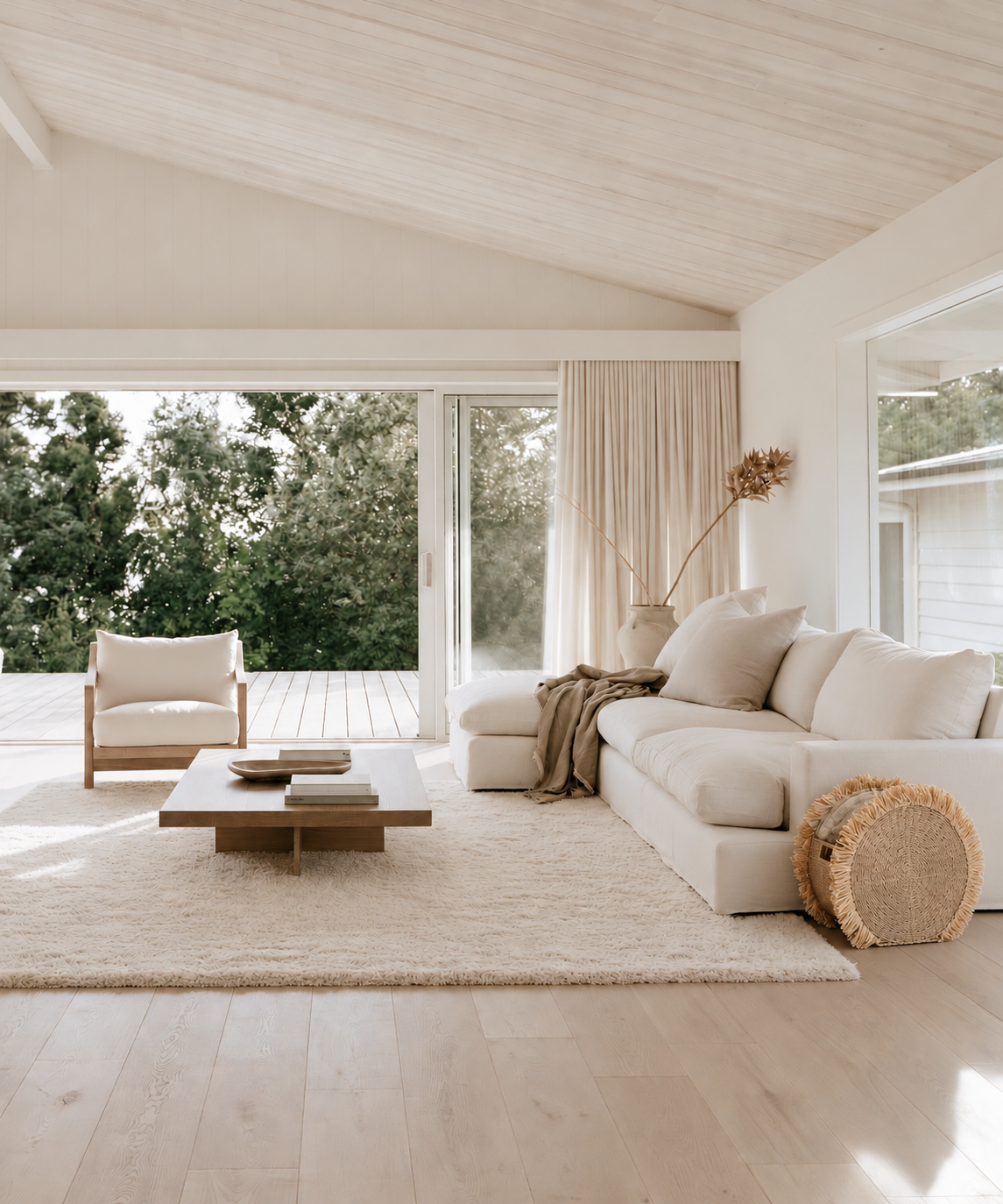 Round Raffia Basket with natural fringe beside a cream sofa in a bright living room with a shag rug