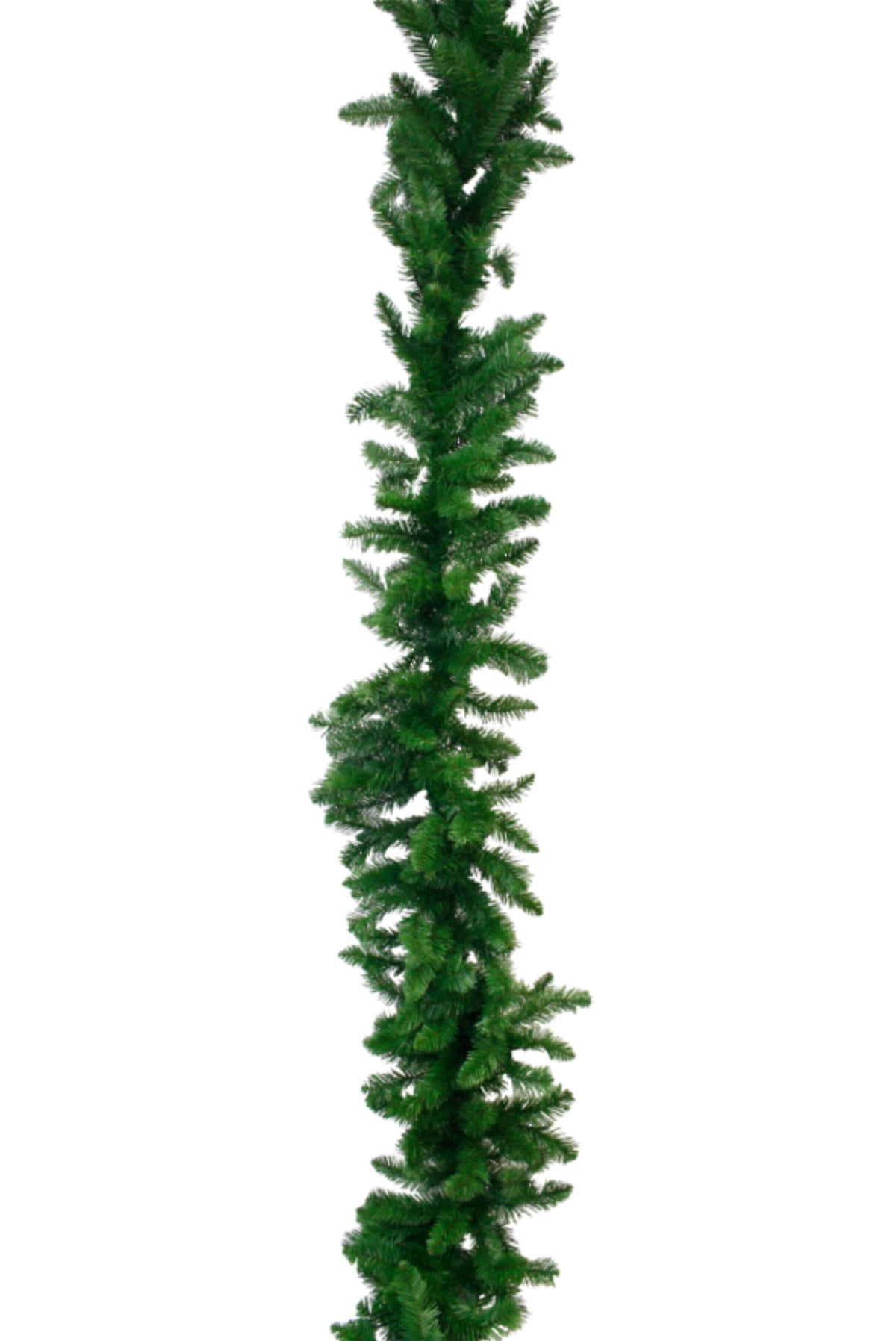 Long, full artificial Royale Christmas garland in deep green fir, shown hanging vertically, 3.6m