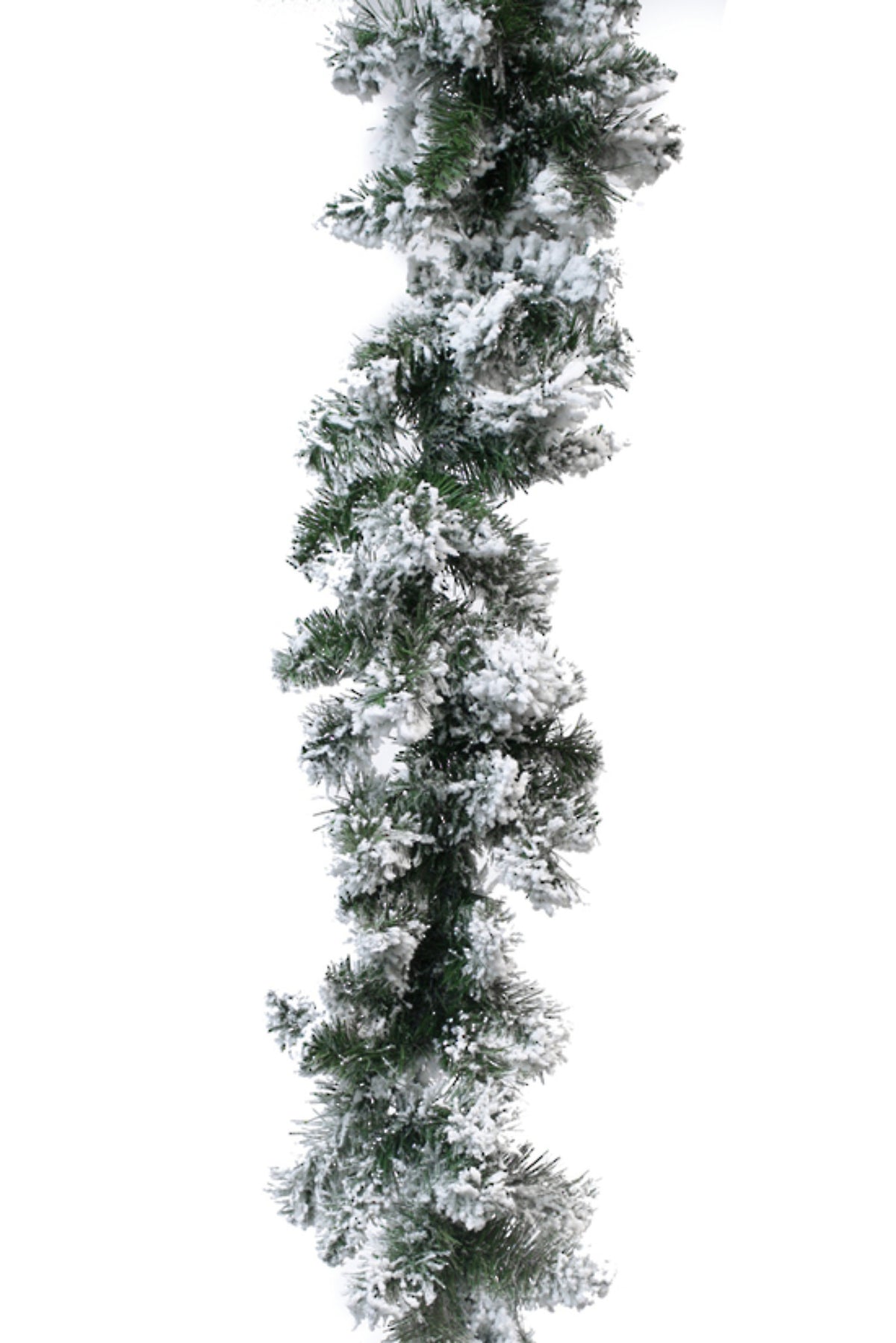 Snow-flocked artificial Christmas garland with frosted white tips over green, 2.7m long