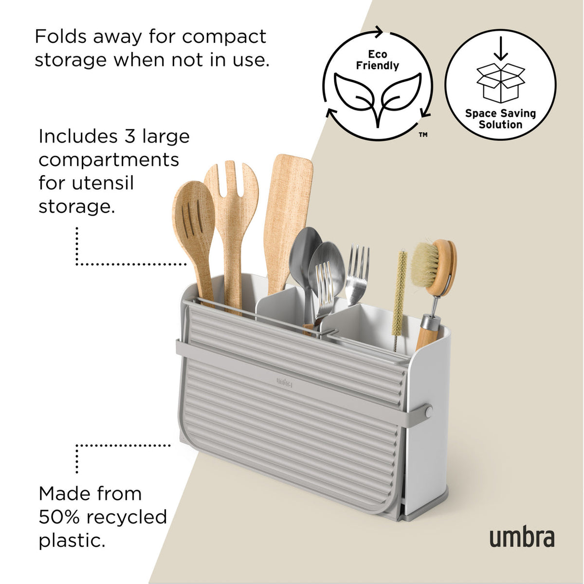 Umbra Sling dish rack folded closed, three utensil compartments, made from recycled plastic