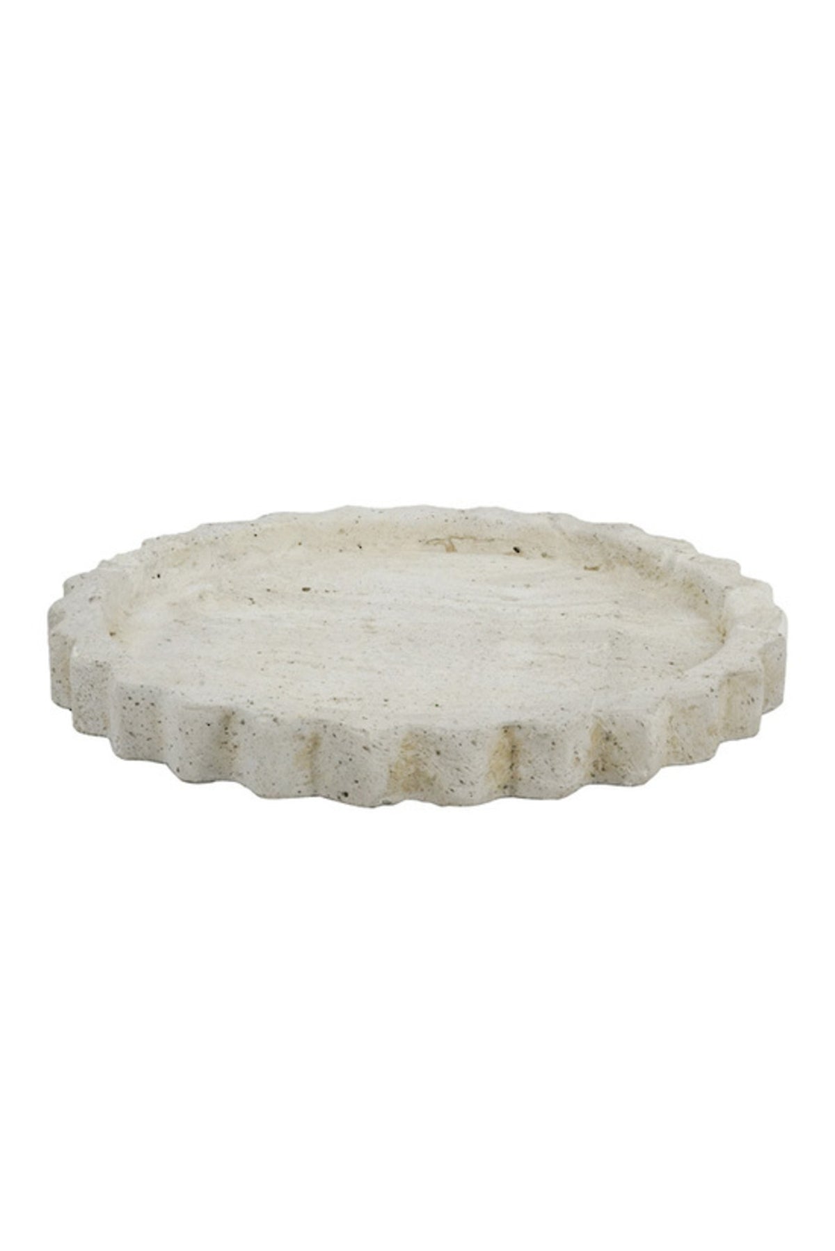 Large round scalloped decorative tray in cream stone-look cement with soft grey veining