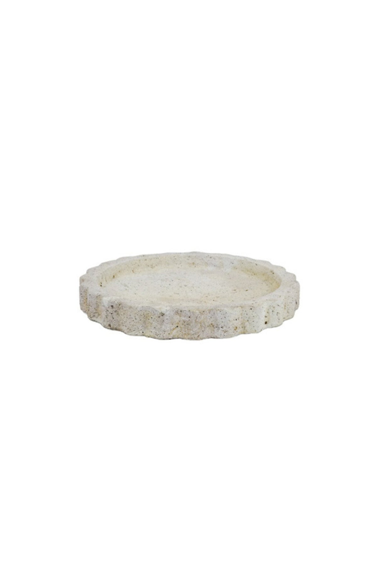 Small round scalloped decorative tray in cream stone-look cement