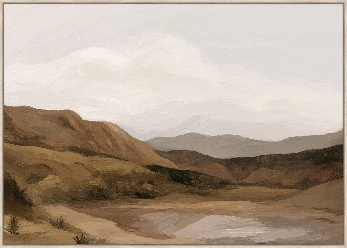 Full canvas view of caramel hills, a reflective pool and soft white cloud across a pale grey sky