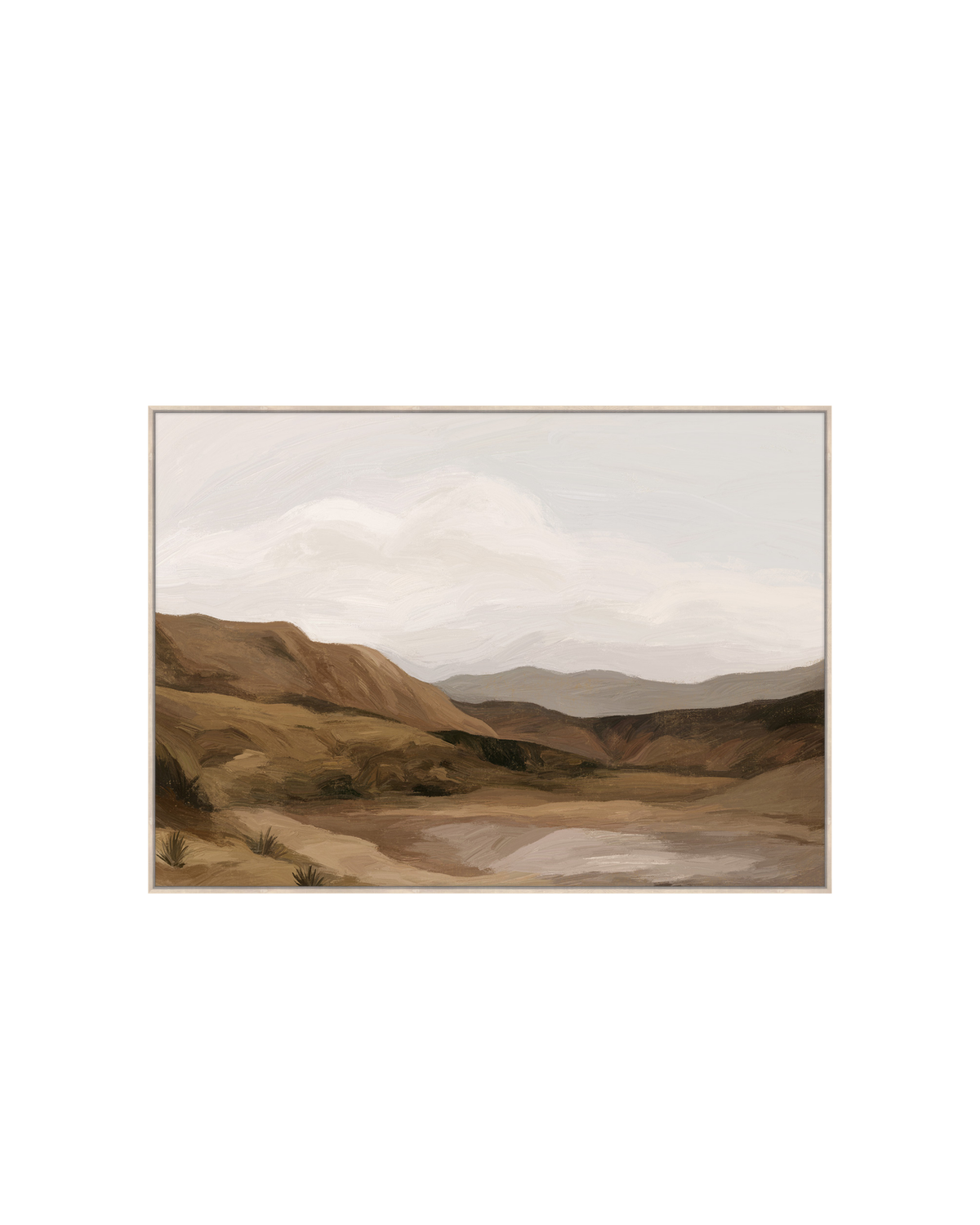 Scout Print by Ned Collections, landscape canvas of brown hills and a still pool in a light natural frame