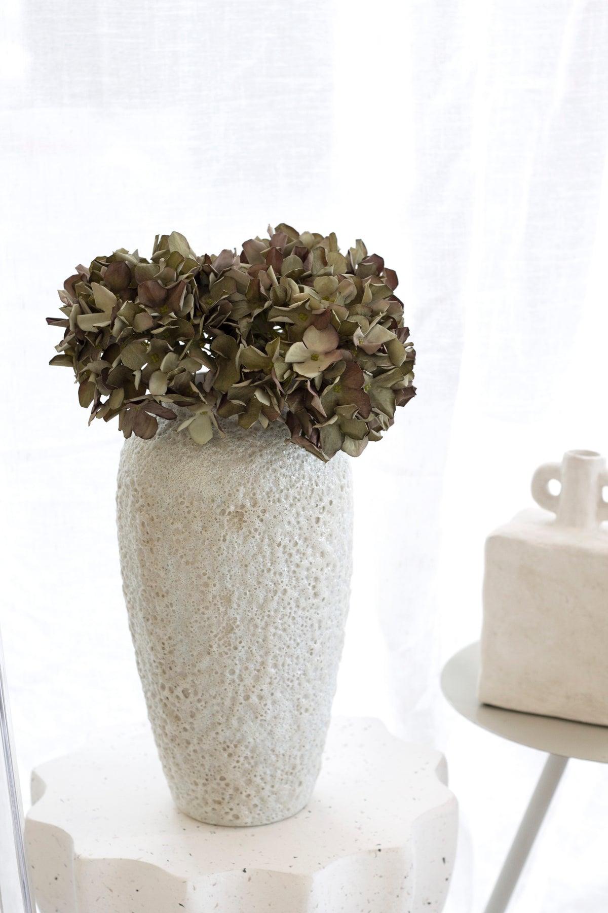 Tall Seafoam vase of dried hydrangea on a scalloped stone plinth beside a sheer curtain