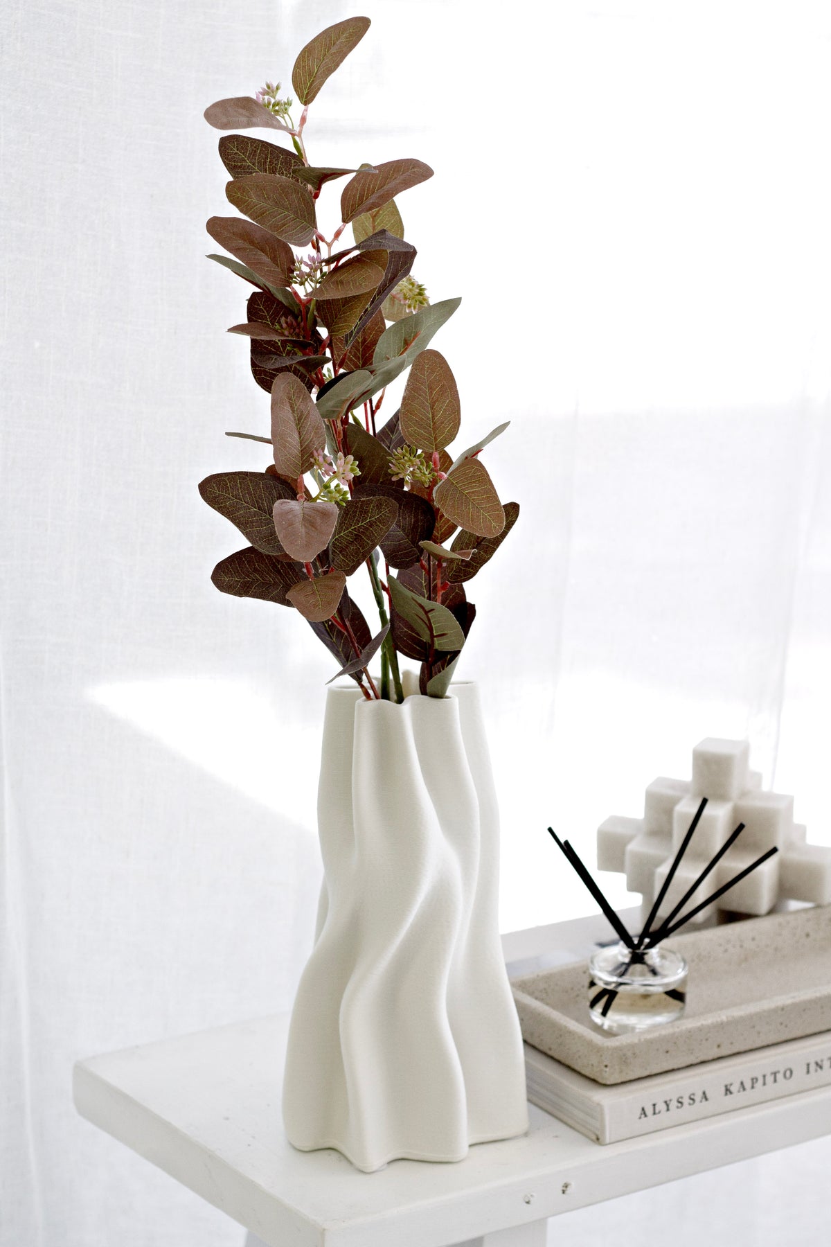 Seeded Gum Stem in Outback Red, 95cm artificial gum foliage with burgundy leaves, green undertones and seed pods