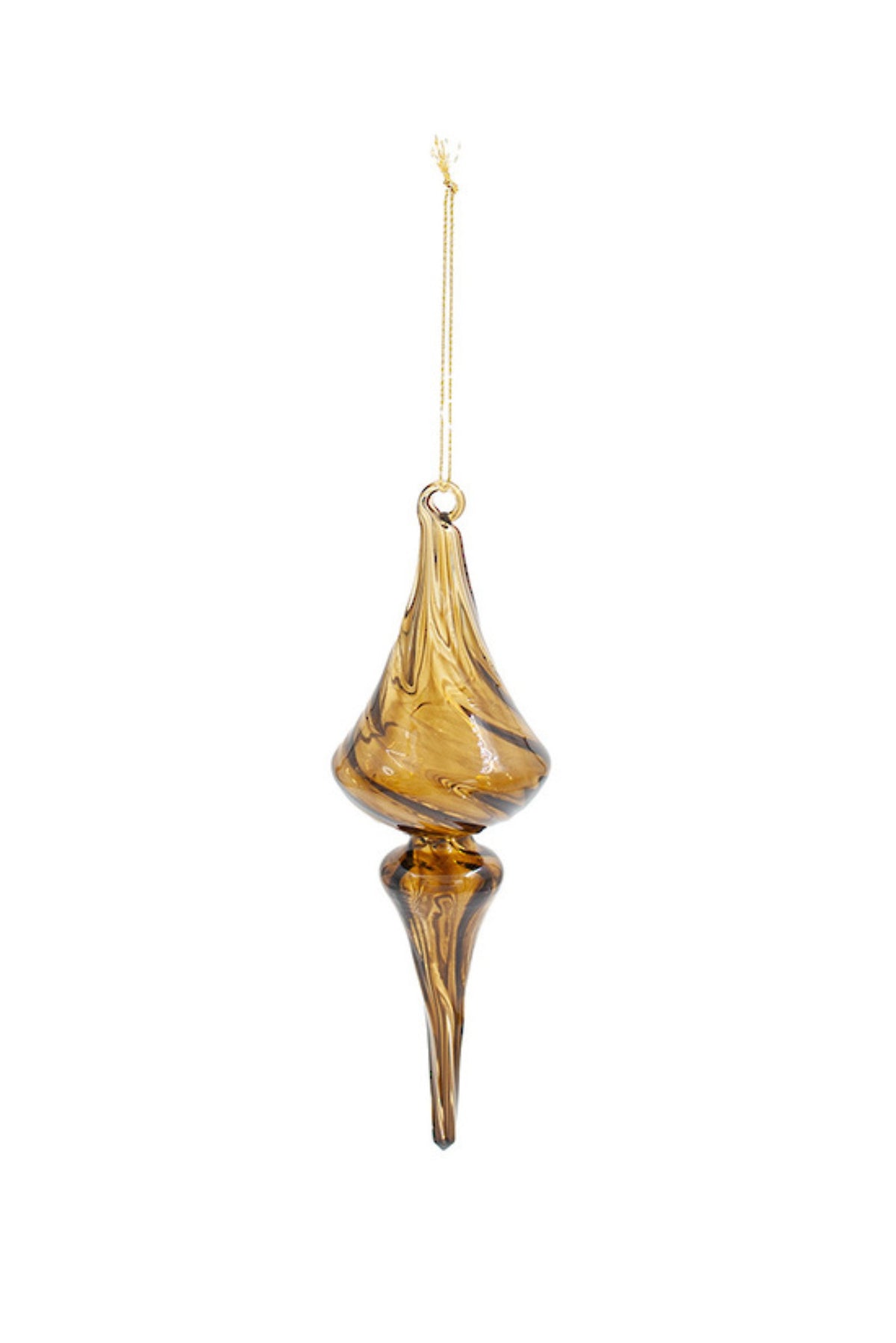 Clear umber amber-toned glass finial Christmas decoration with a teardrop centre, 18cm