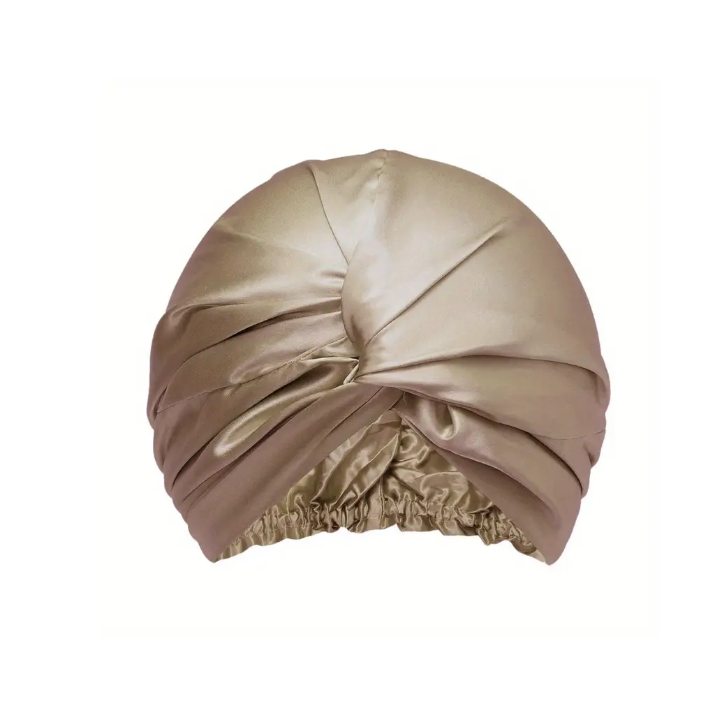 Mulberry silk sleep bonnet in taupe with a twisted front knot, on a plain background