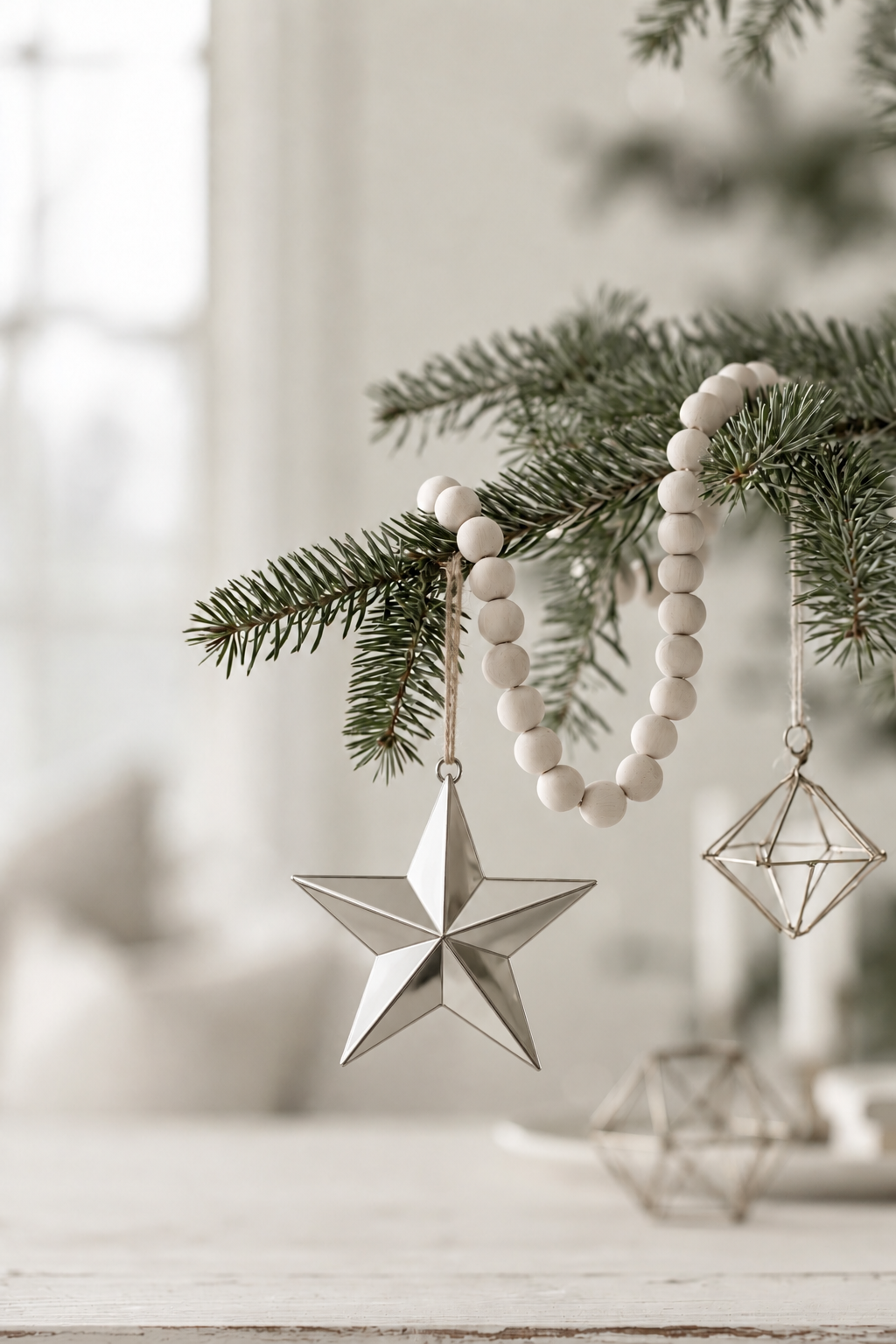 Silver metal hanging star on a jute loop from a pine branch with a wooden bead garland and geometric ornaments
