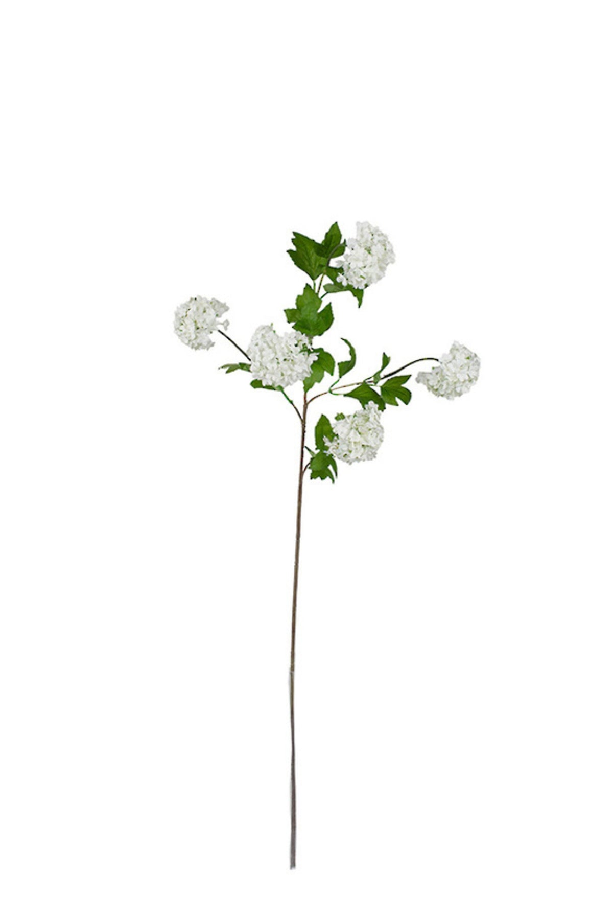 Snow ball spray in white, 106cm faux viburnum stem with round blooms on branching stems