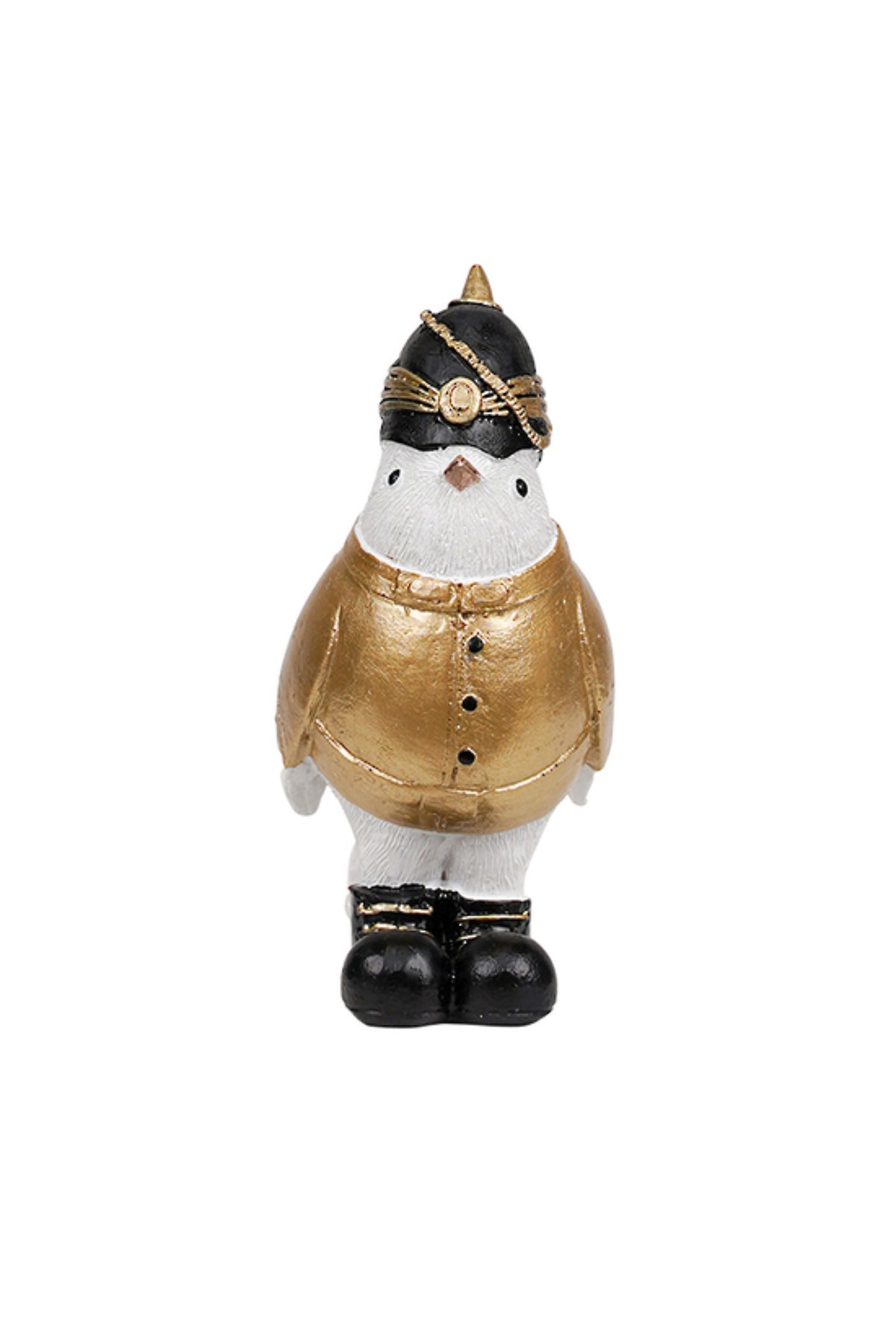Small white bird figurine wearing a gold jacket and tall black soldier's hat, 11cm