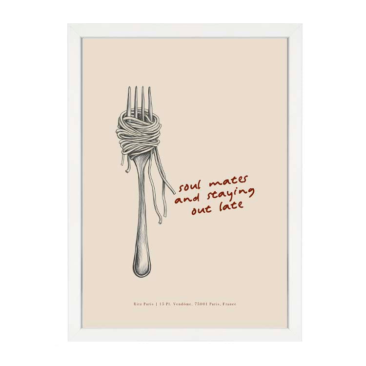 Soul Mates and Staying Out Late Print by Papier HQ in a white frame, pencil sketch of a fork twirling spaghetti