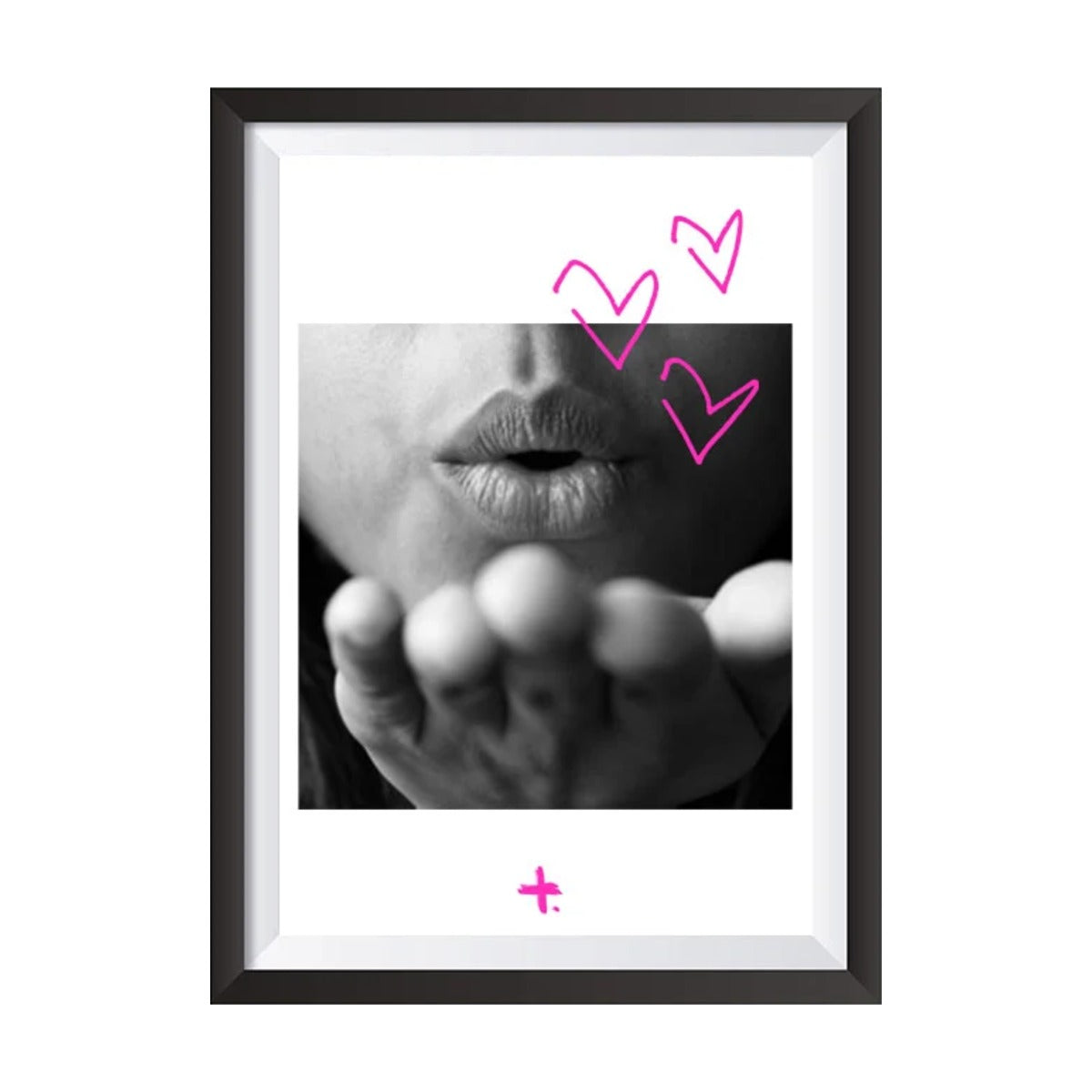 Spread Love print by Federation in a black frame on white, black and white blown kiss with pink hearts