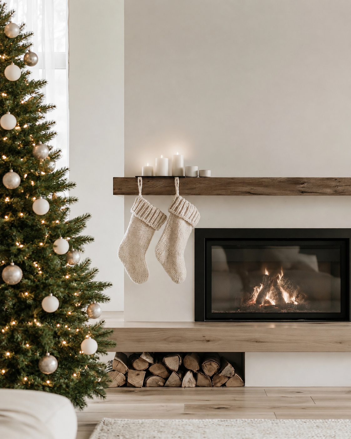 Spruce pre-lit Christmas tree with ivory baubles beside a fireplace with knitted stockings