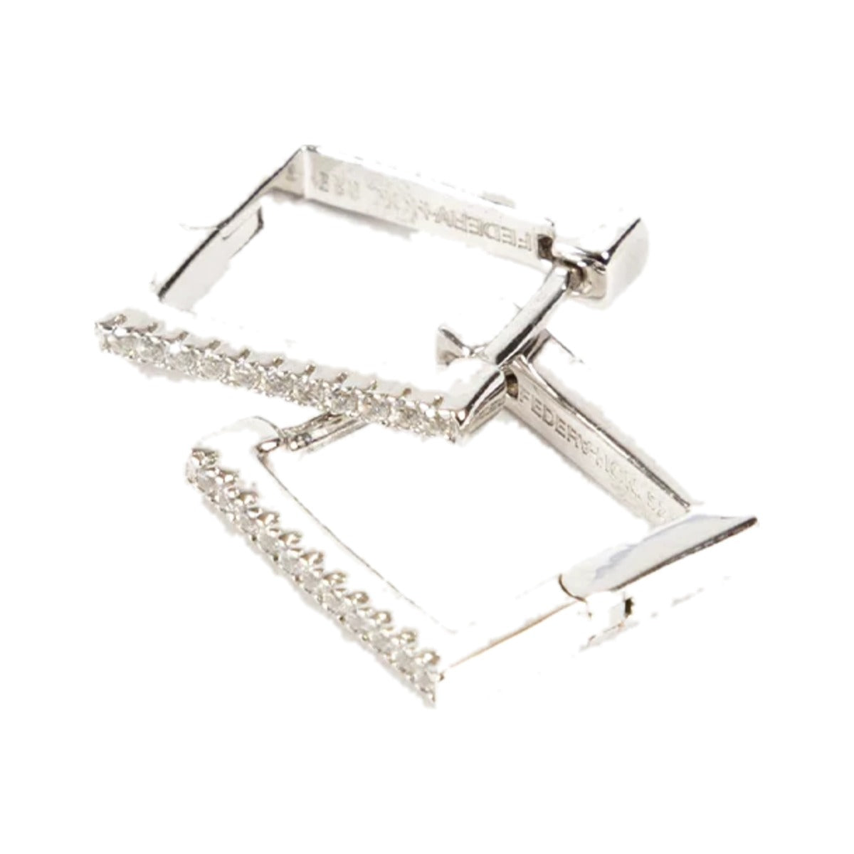 Squared Earrings by Federation, silver square hoops with a row of clear stones, on white