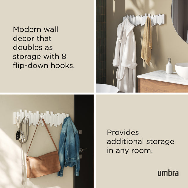 Umbra Sticks 8 hook rack in white in a bathroom and hallway, holding robes and bags