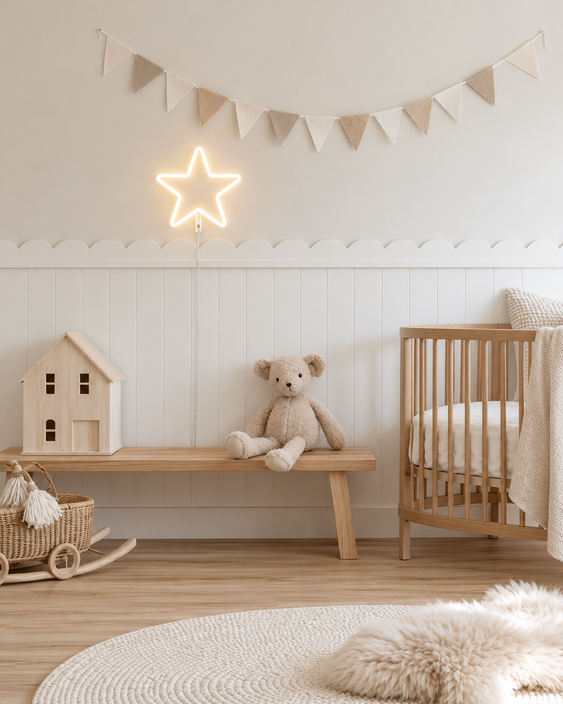 Star neon LED wall light glowing warm white above a timber bench and dolls house under bunting in a scalloped nursery