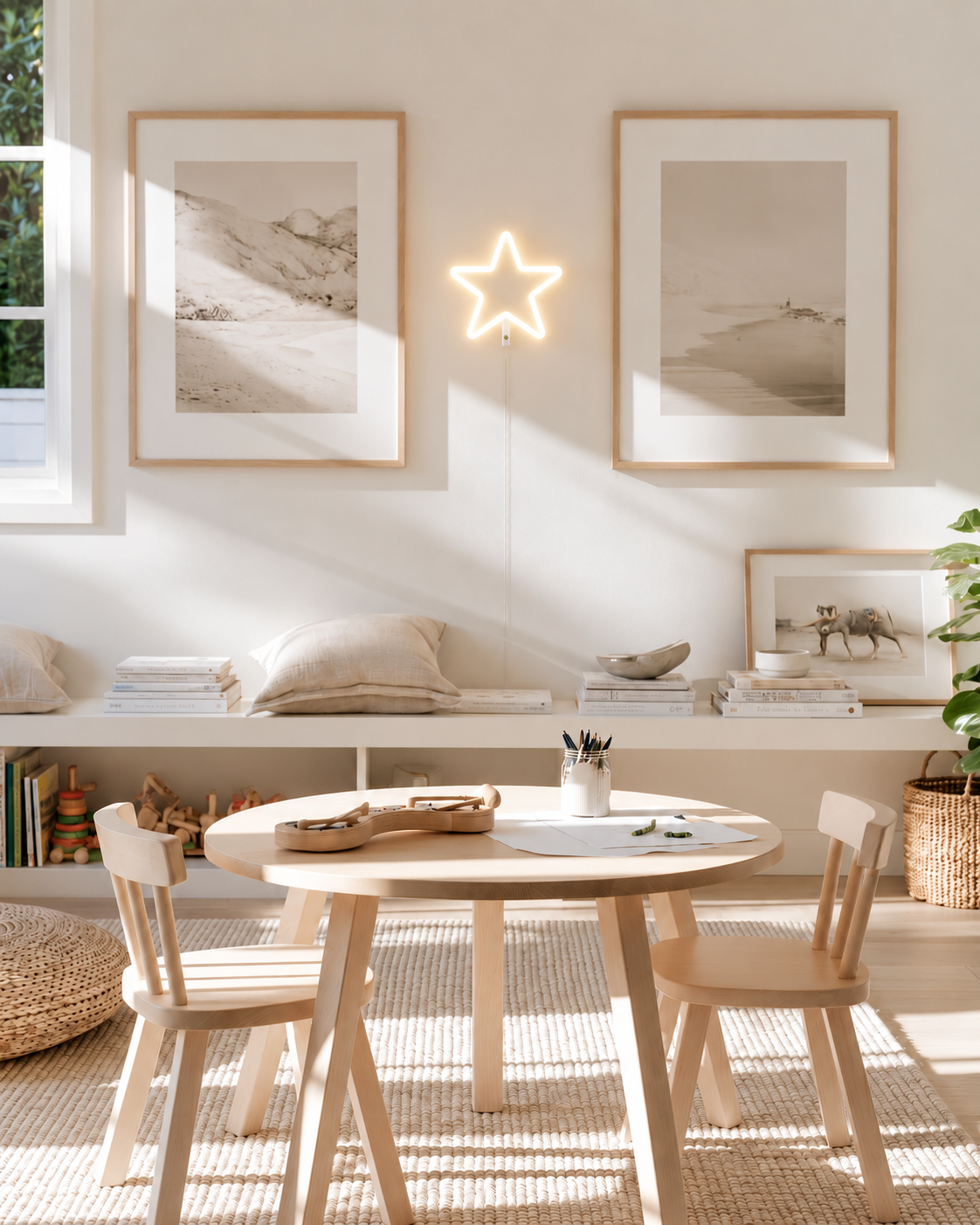 Star neon LED wall light glowing warm white between framed prints above a window-seat ledge in a kids playroom