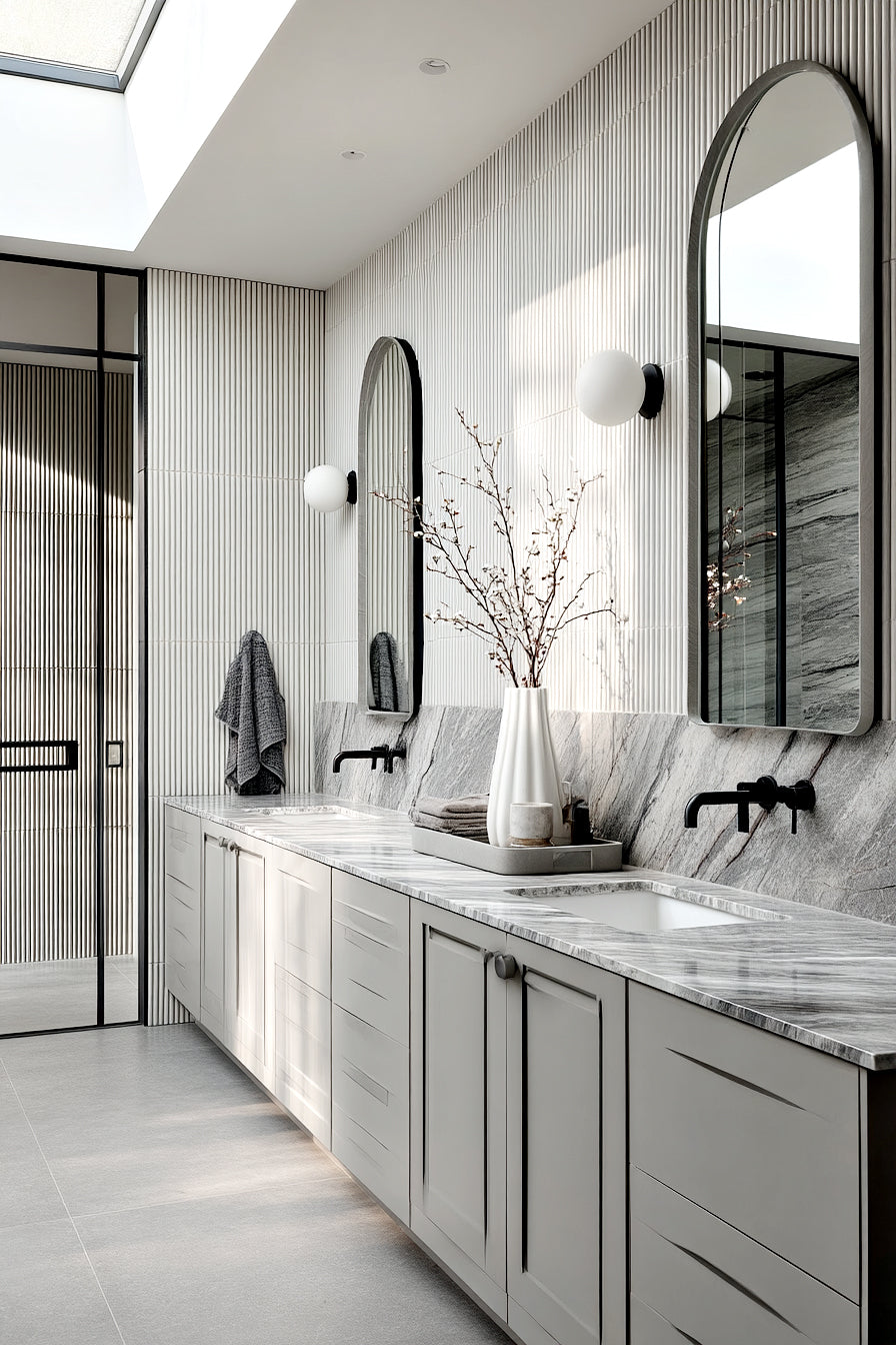 White Steffi vase of bare branches on a marble vanity between two arched mirrors