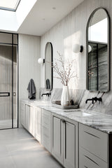 Steffi White Ceramic Vase Small styled on a bathroom vanity with marble benchtop and tall branches