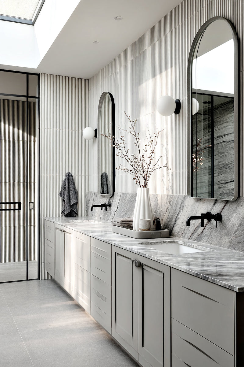 Steffi White Ceramic Vase Small styled on a bathroom vanity with marble benchtop and tall branches