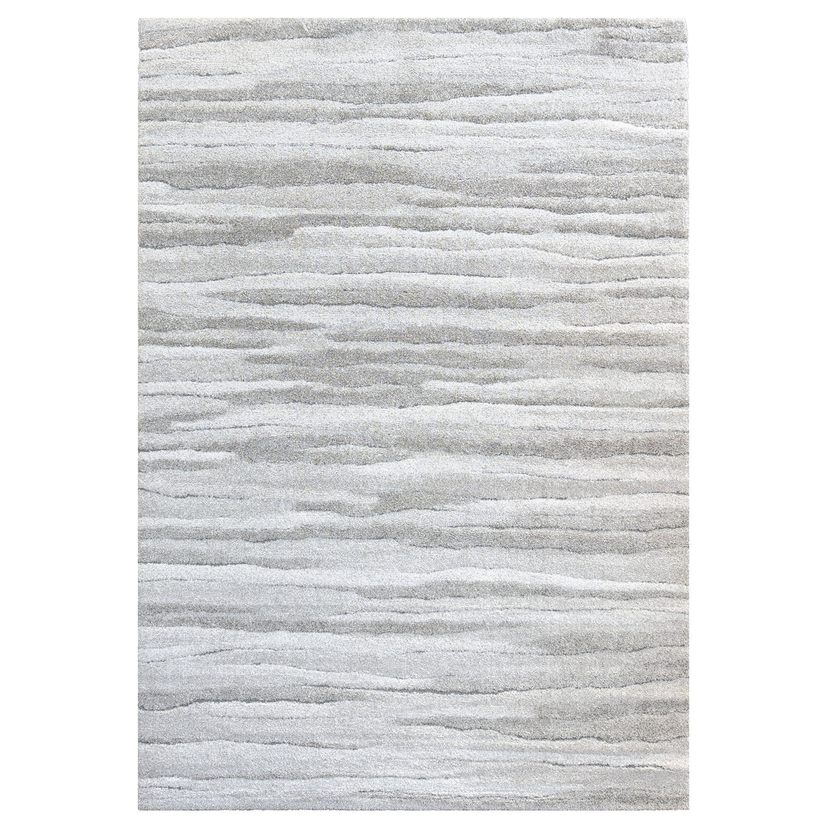 Strata Drift Grey Rug with soft layered bands of grey and ivory, shown flat
