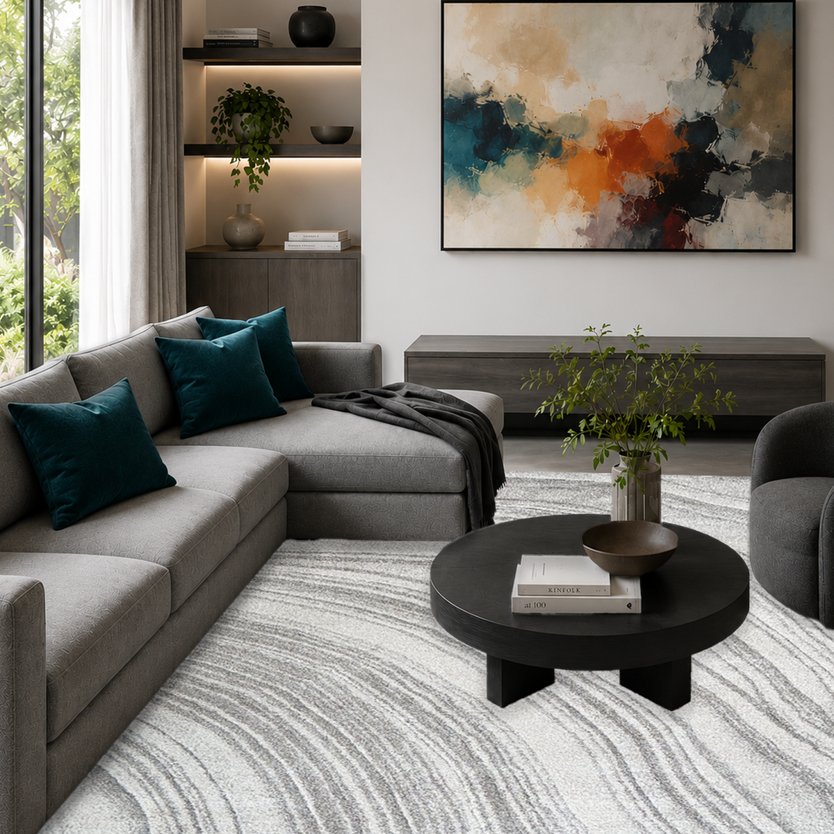 Grey wave rug under a black round coffee table beside a charcoal modular sofa