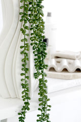 Artificial string of beads trailing plant draped over white sculptural vase on shelf