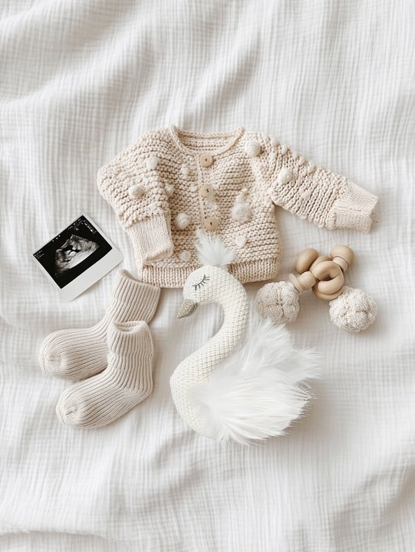 Flat-lay of baby essentials on a white muslin blanket, including a hand-knitted cream cardigan, ribbed socks, wooden rattle, soft swan toy with feather wings, and a black-and-white ultrasound photo.

