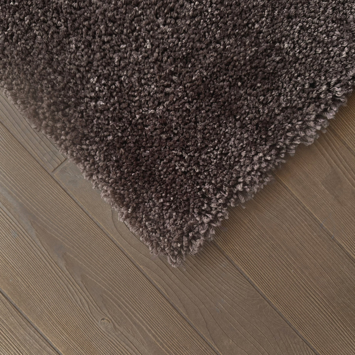 Corner of the acorn brown rug on a timber floor