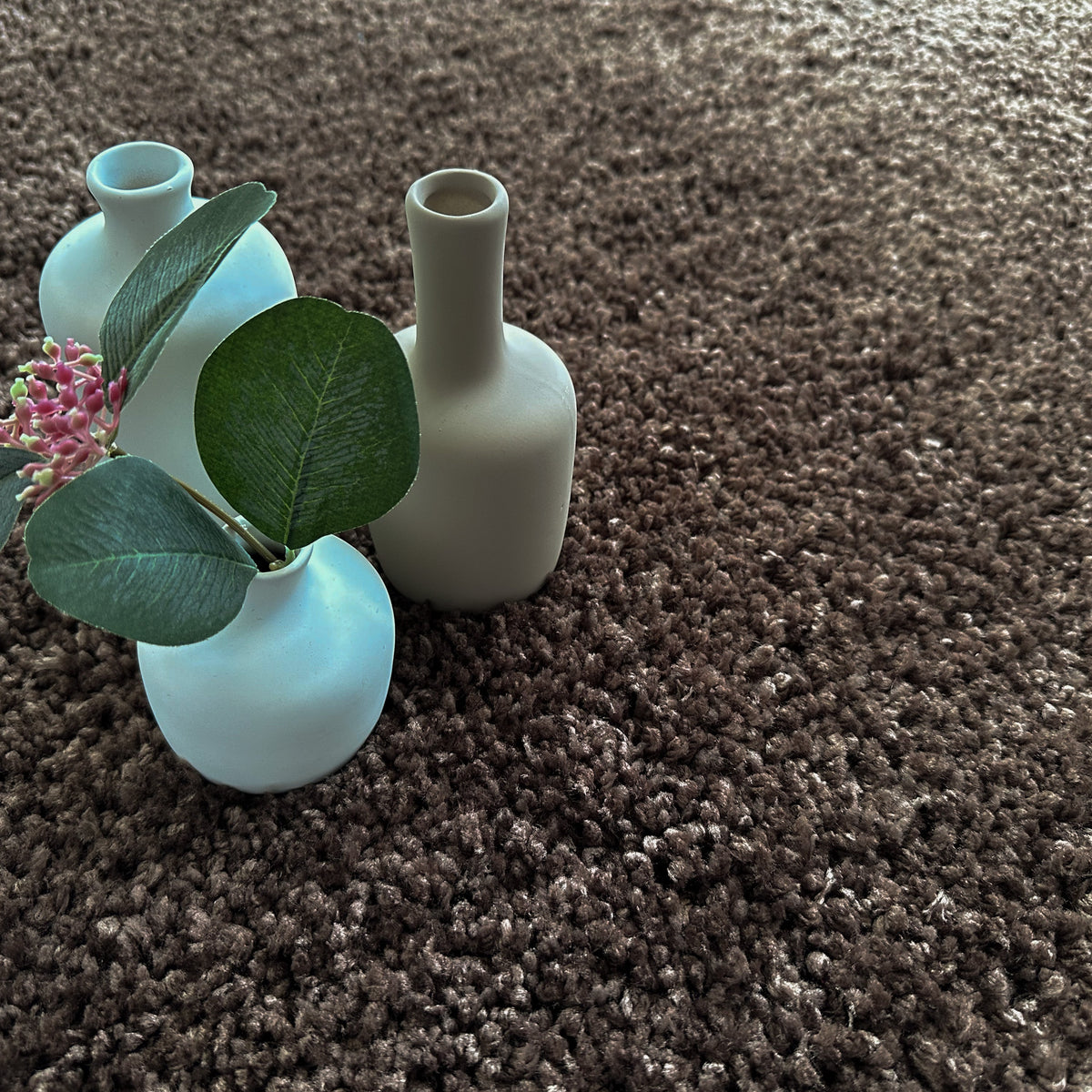 Acorn brown shag rug with pale ceramic vases and eucalyptus stems resting on the pile