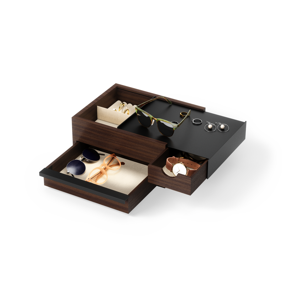 Umbra Stowit jewellery box in black and walnut with its hidden drawers open