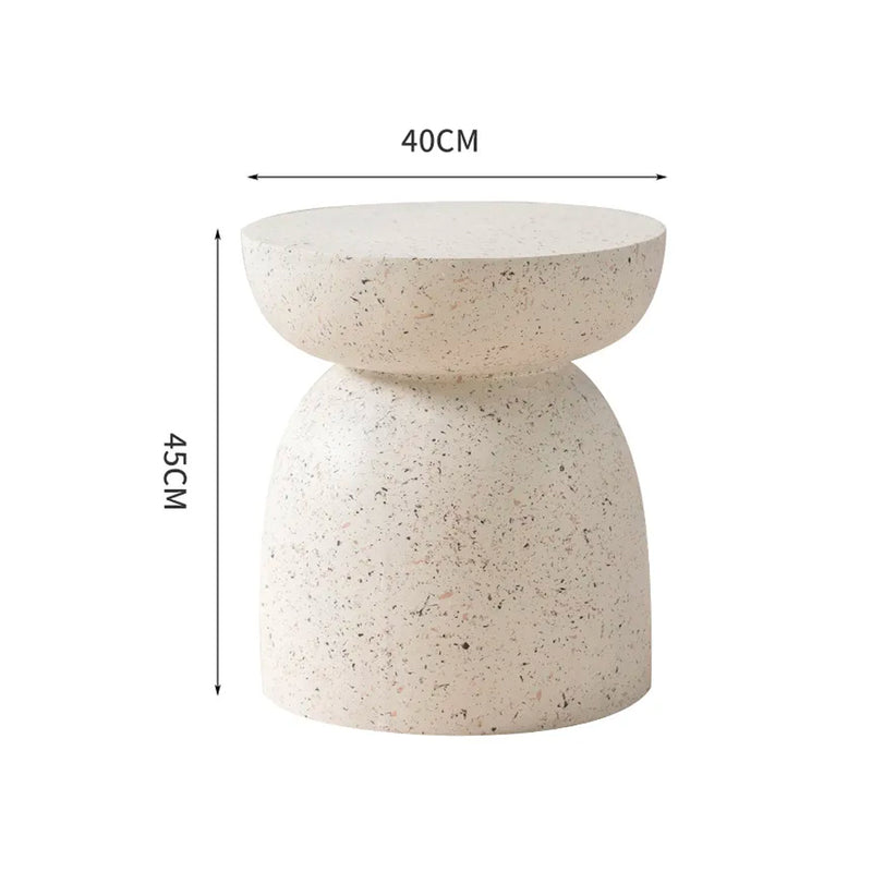 The measurements of a Flux Home Pedestal Side Table - Fleck White with a white speckled fibre-cement top.