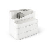 The Glam Cosmetic Organizer Large is a white storage box with three compartments that is perfect for organizing makeup and skincare products. It is an essential addition to any beauty station setup.