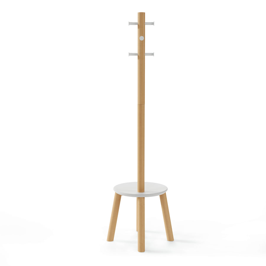 Umbra Pillar stool and coat rack in white and natural, six hooks above a round seat