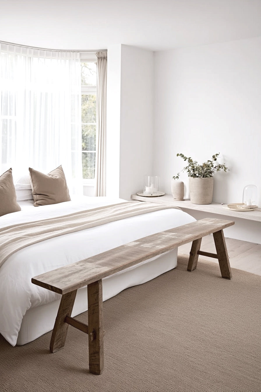 Long weathered teak bench across the end of a bed in a neutral toned room