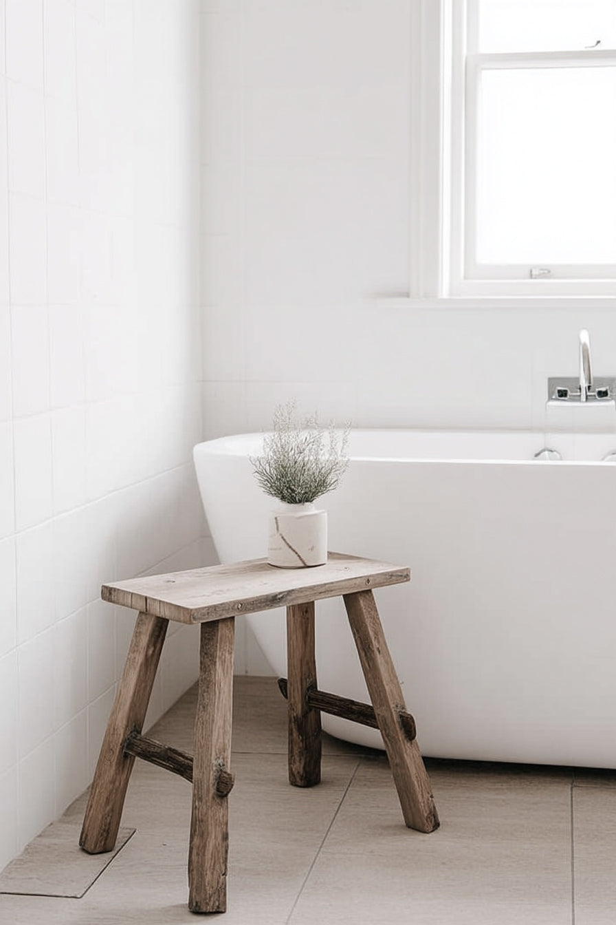 Small recycled teak bench beside a freestanding bath, with a small planter on top
