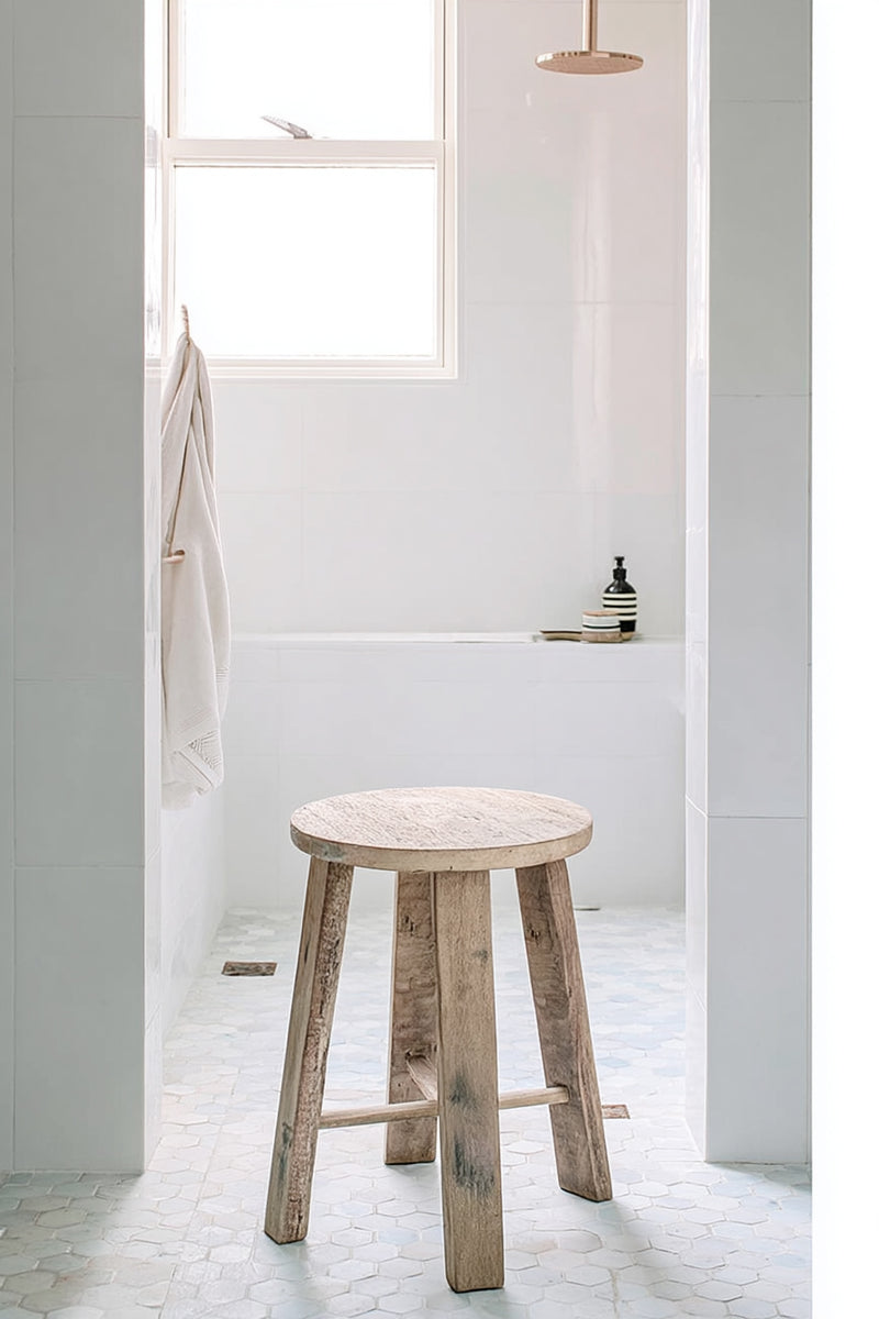 Teak Round Stool – Natural | Recycled Timber | Handmade Rustic Accent Seat