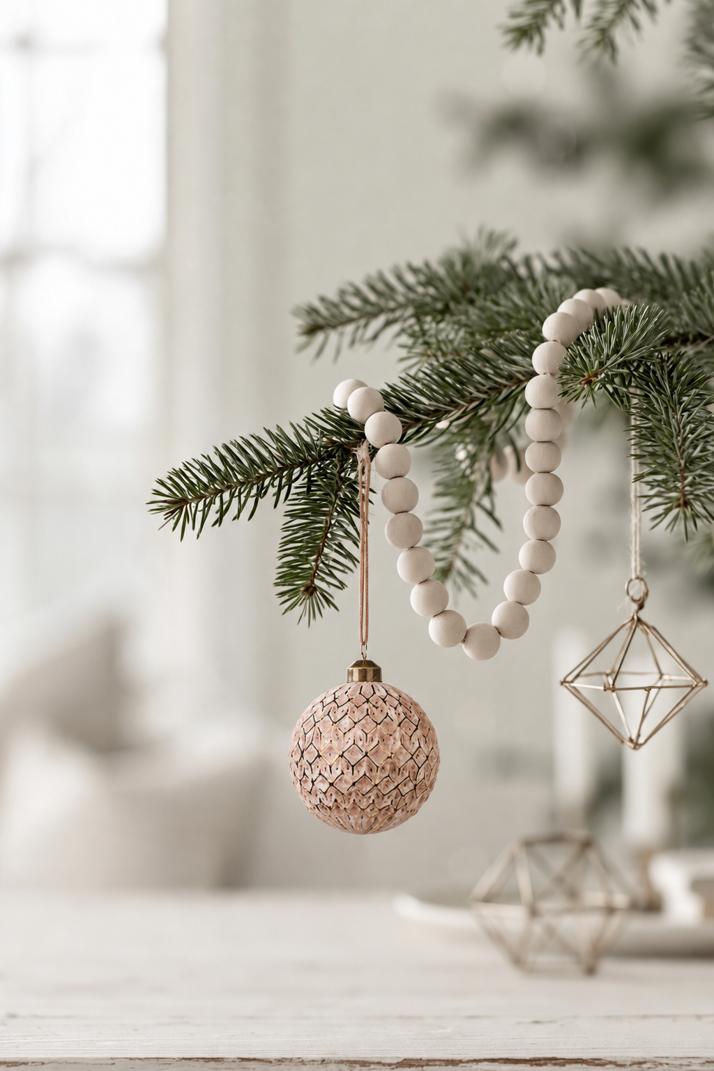 Tessellated Pattern Glass Bauble in brown and gold 8cm hanging from a pine branch with a wooden bead garland
