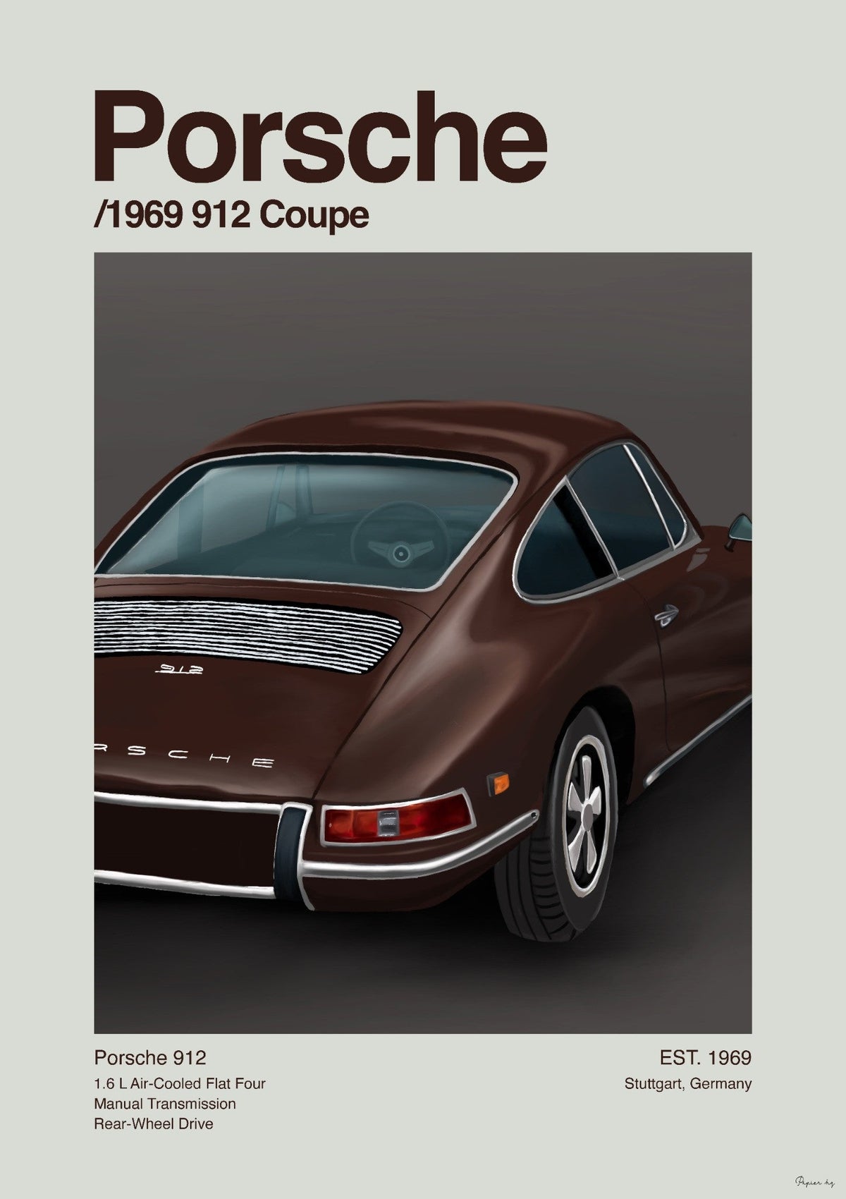 The 912 Coupe Print by Papier HQ, a rich brown classic coupe with clean typography