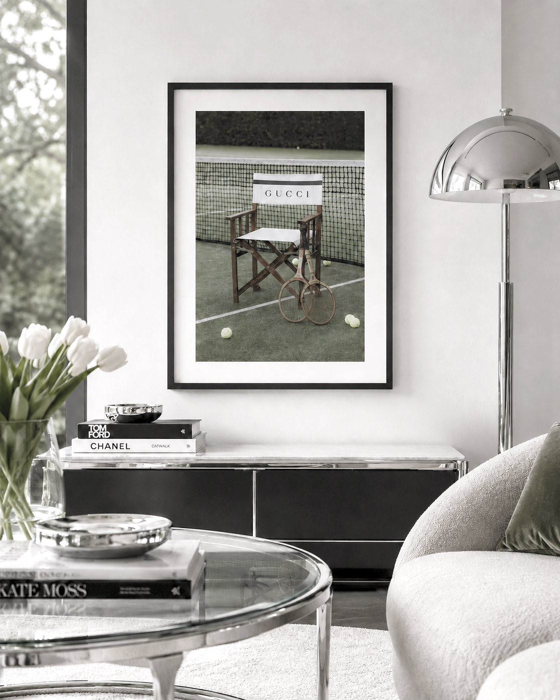 The Courtside Seat tennis print by Papier HQ styled in a home setting