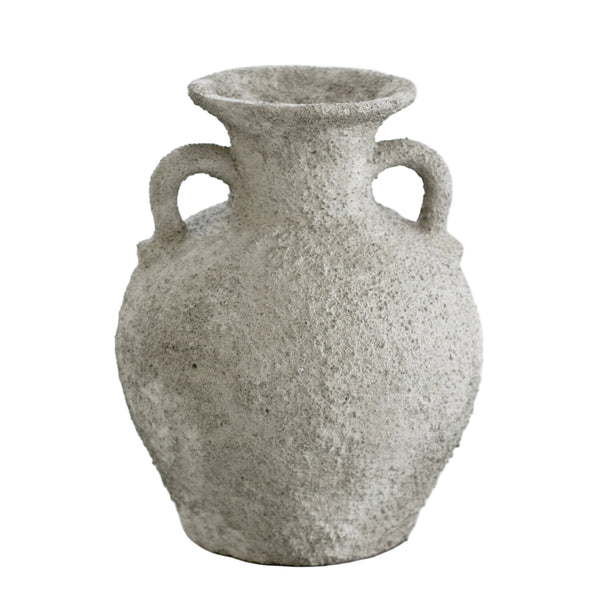 Thira Vase in light grey stone, twin handles, front view on white backdrop.